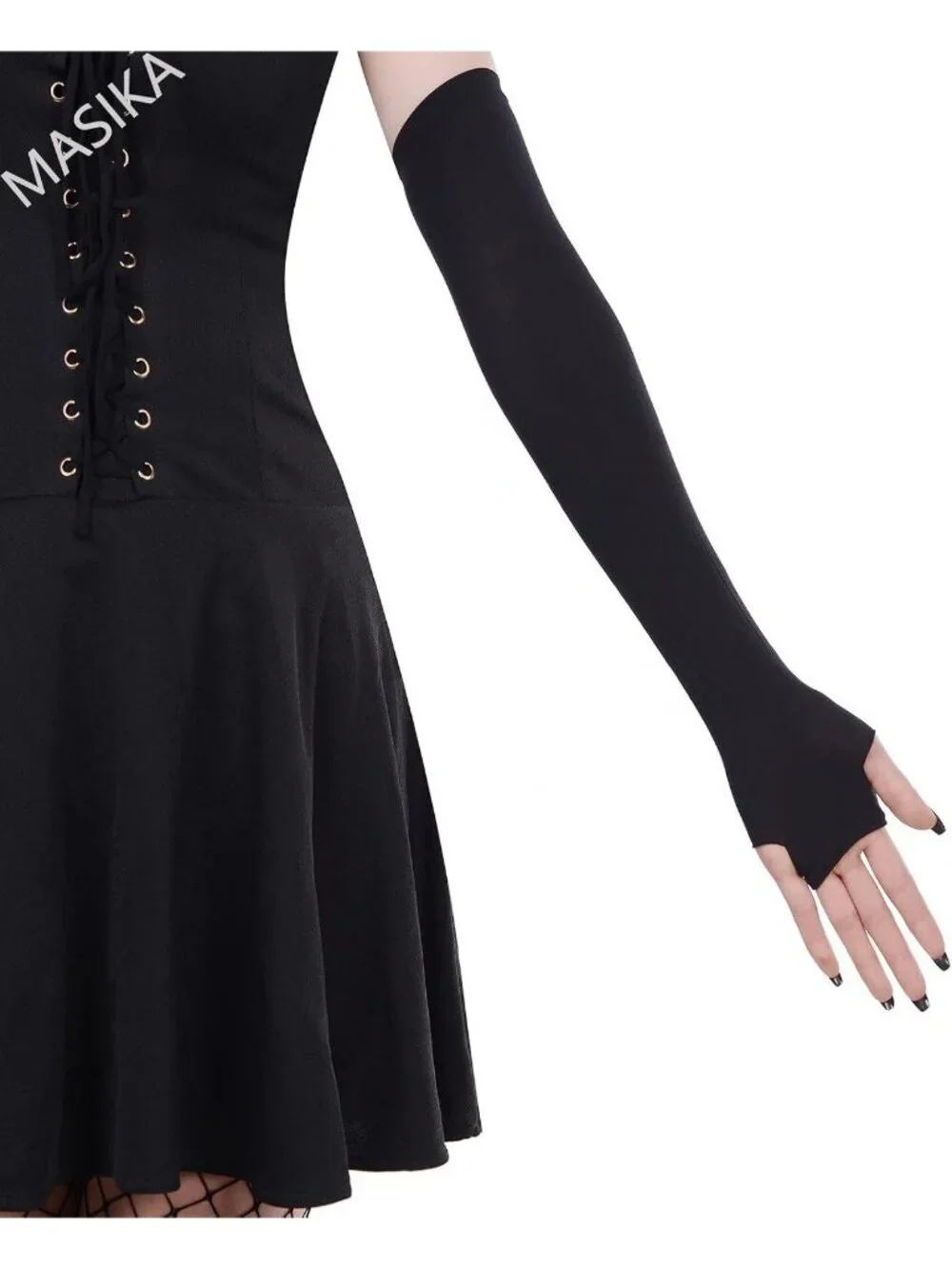 Women's Black Ladder Cutout Long Arm Warmers Fingerless Gothic Cosplay Gloves